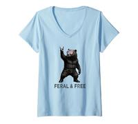 Femme Feral & Free Grizzly Ours Rock Gesture Patriotic Grizzly Bear T-Shirt avec Col en V