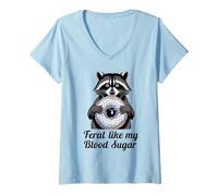 Femme Feral Like My Blood Sugar Cute Raton Laveur Mangeant Donut diabète T-Shirt avec Col en V