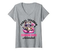 Femme Feral Teacher Summer Beak Mode Activé Funny End of School T-Shirt avec Col en V