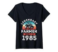 Femme Fermier légendaire né en 1985, Cadeaux pour Le 40e Anniversaire d'un Fermier T-Shirt avec Col en V