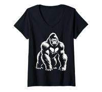 Femme Féroce Gorilla Front Pose Monochrome Line Art Animal Icône T-Shirt avec Col en V