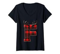 Femme Festive Buffalo Plaid Bois de cerf Lettre F T-Shirt avec Col en V