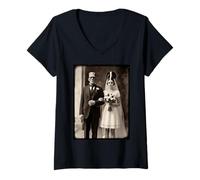 Femme Fête de Mariage et d'halloween effrayante de la mariée et du marié T-Shirt avec Col en V