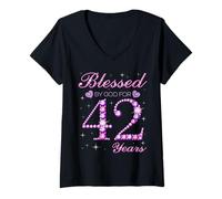 Femme Fête du 42e Anniversaire bénie par Dieu pour Les 42 Ans T-Shirt avec Col en V