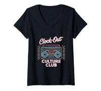 Femme Fête du travail Clock Out Culture Club T-Shirt avec Col en V