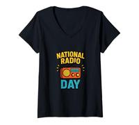 Femme Fête Nationale de la Radio rétro Vintage Boombox Diffusion de Musique T-Shirt avec Col en V