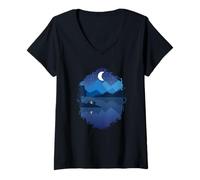 Femme Feu de Camp pour Camping, Nuit, Clair de Lune T-Shirt avec Col en V