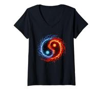 Femme Feu et Eau Symbole Yin Yang Balance Tai Chi Energie T-Shirt avec Col en V