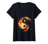 Femme Feu Flamme Ying Yang Balance Tai Chi Flow State Meditation T-Shirt avec Col en V