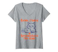 Femme Feuille de calcul Chat drôle employé de Bureau Comptable T-Shirt avec Col en V