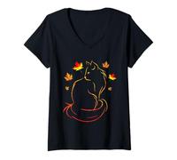 Femme Feuille de Chat Amusante pour Chaton, Bonjour l'automne T-Shirt avec Col en V