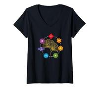 Femme Feuille de ginkgo biloba et chakras minimalistes T-Shirt avec Col en V