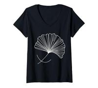 Femme Feuille Ginkgo Line Art Naturaliste T-Shirt avec Col en V