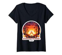 Femme Feuilles d'automne et Feux de Joie s'il Vous plaît Fall Lover Camping Camper T-Shirt avec Col en V