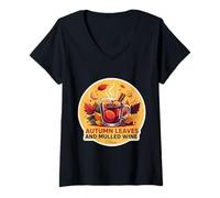 Femme Feuilles d'automne et vin Chaud avec Citation « Please Fall Lover » T-Shirt avec Col en V