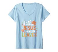 Femme Feuilles d'automne Les Femmes chrétiennes Tombent pour Jésus qu'il ne Laisse jamais T-Shirt avec Col en V