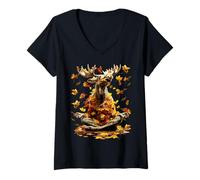 Femme Feuilles d'automne paisibles d'orignal méditant Le Yoga Animal Art d'automne T-Shirt avec Col en V