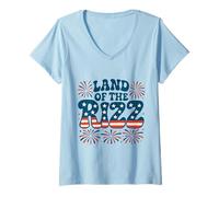 Femme Feux d'artifice « Land of the Rizz Vintage USA Groovy » du 4 juillet T-Shirt avec Col en V