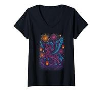 Femme Feux d'artifice pour Chevaux ailés Dreamland T-Shirt avec Col en V