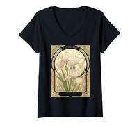Femme Février Anniversaire Fleurs Iris Style Art Nouveau T-Shirt avec Col en V