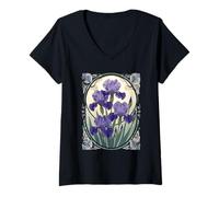 Femme Février Naissance Fleur Iris Fleurs Art Nouveau Style T-Shirt avec Col en V