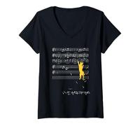 Femme Fiche de musique du chat Notes de musique Escalader T-Shirt avec Col en V