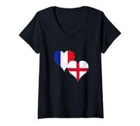 Femme Fier Expatrié Anglais Français Un Drapeau France Angleterre T-Shirt avec Col en V