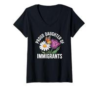 Femme Fier Fille des Immigrants Papillon Floral T-Shirt avec Col en V