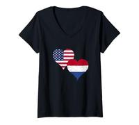 Femme Fier Néerlandais Américain un Drapeau Pays-Bas États-Unis T-Shirt avec Col en V
