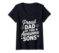 Femme Fier papa de deux fils géniaux, 2 garçons, famille pour la fête des pères T-Shirt avec Col en V