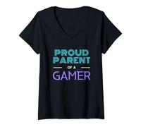 Femme Fier Parent d'un Gamer fête des pères fête des mères Jeu Enfant T-Shirt avec Col en V
