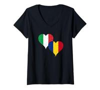 Femme Fier Roumain Italien Un Drapeau Italie Roumanie Vintage T-Shirt avec Col en V