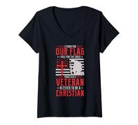 Femme Fier vétéran, je défends notre drapeau, je m'agenouille pour la croix T-Shirt avec Col en V