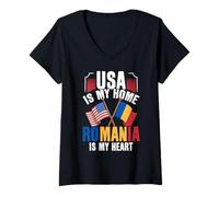 Femme Fierté roumaine américaine USA is My Home Roumanie My Heart T-Shirt avec Col en V