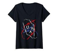 Femme Fil barbelé emmêlé rouge, blanc et bleu USA T-Shirt avec Col en V