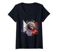 Femme Filet de Basket-Ball coloré Tie Dye Color Splash T-Shirt avec Col en V