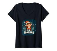 Femme Fille Elfe drôle avec des problèmes pour Les Amoureux de Noël T-Shirt avec Col en V