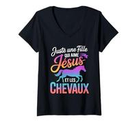 Femme Fille Qui Aime Jésus Et Les Chevaux Foi Chrétienne T-Shirt avec Col en V