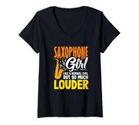 Femme Fille saxophoniste, Fille Normale mais saxophoniste Plus Fort T-Shirt avec Col en V