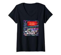 Femme Filmmaker We 'LL Fix It in Post Video Editor Glitch Art T-Shirt avec Col en V