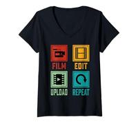 Femme Filmmaking Vintage-Style Film Edit Upload Repeat Movie Maker T-Shirt avec Col en V