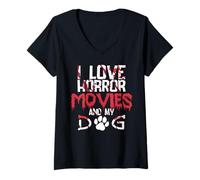 Femme Films d'horreur pour Les Amateurs de Chiens - Thriller pour Les Fans d'halloween T-Shirt avec Col en V