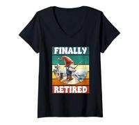 Femme Finally Retired Fishing Grandpa Gnome Graphic For Retirement T-Shirt avec Col en V
