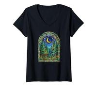 Femme Find Me in The Forest Trees Moon Vitrail Style T-Shirt avec Col en V