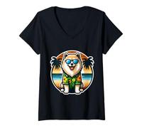 Femme Finlandais Lapphund propriétaire de chien Summer Vibes Vacances Soleil T-Shirt avec Col en V