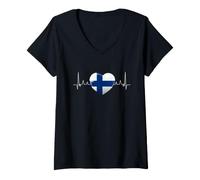 Femme Finlande Drapeau Cœur Battant Scandinavie Vacances T-Shirt avec Col en V