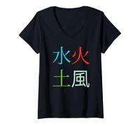 Femme Fire Air Earth Water Elements Symboles Chinois T-Shirt avec Col en V