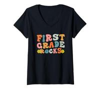 Femme First Grade Rocks Retro Teacher Student Kids Back to School T-Shirt avec Col en V