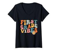 Femme First Grade Vibes 1st Grade Teachers Retro 1st Day Of School T-Shirt avec Col en V