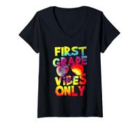 Femme First Grade Vibes Back to School Teacher Student Tie Dye T-Shirt avec Col en V